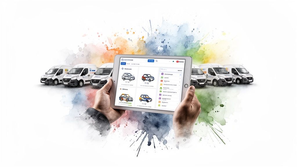 Hands hold a tablet displaying a vehicle rental or fleet management app, with white vans in the background.