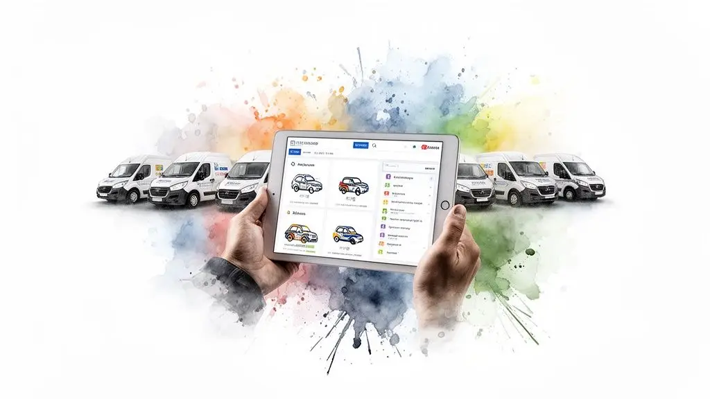 Hands hold a tablet displaying a vehicle rental or fleet management app, with white vans in the background.