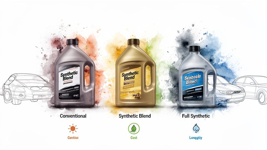 Comparison of Conventional, Synthetic Blend, and Full Synthetic motor oils with associated benefits.
