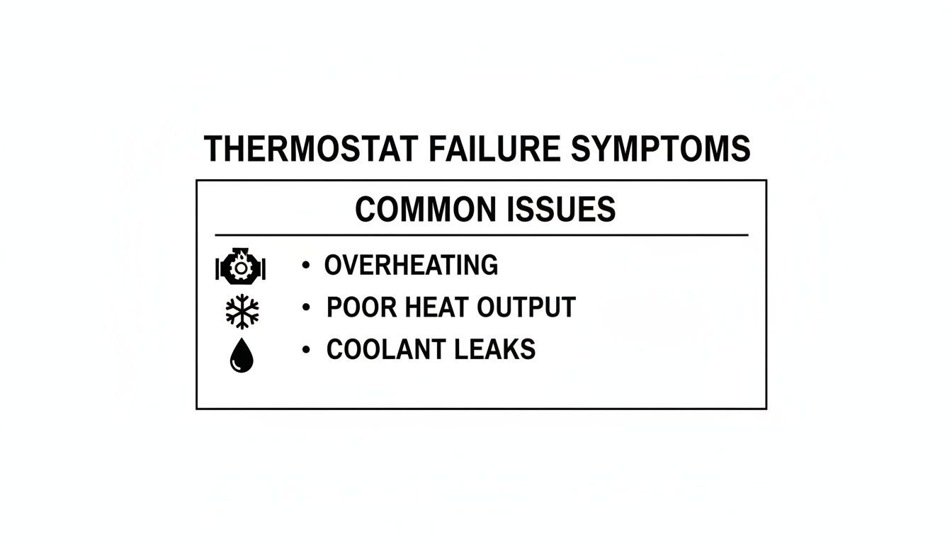 Diagram illustrating common thermostat failure symptoms: overheating, poor heat output, and coolant leaks.