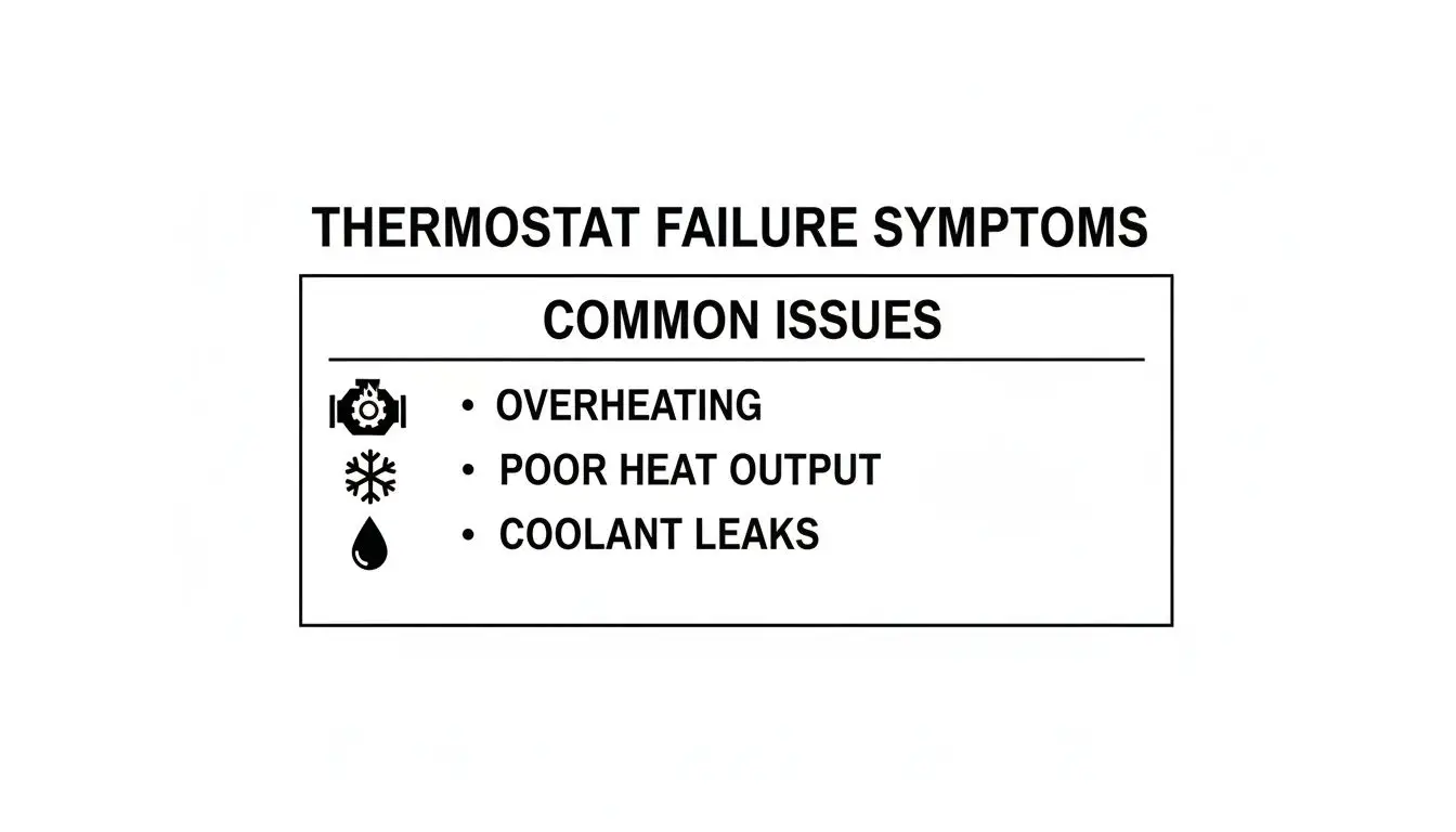 Diagram illustrating common thermostat failure symptoms: overheating, poor heat output, and coolant leaks.