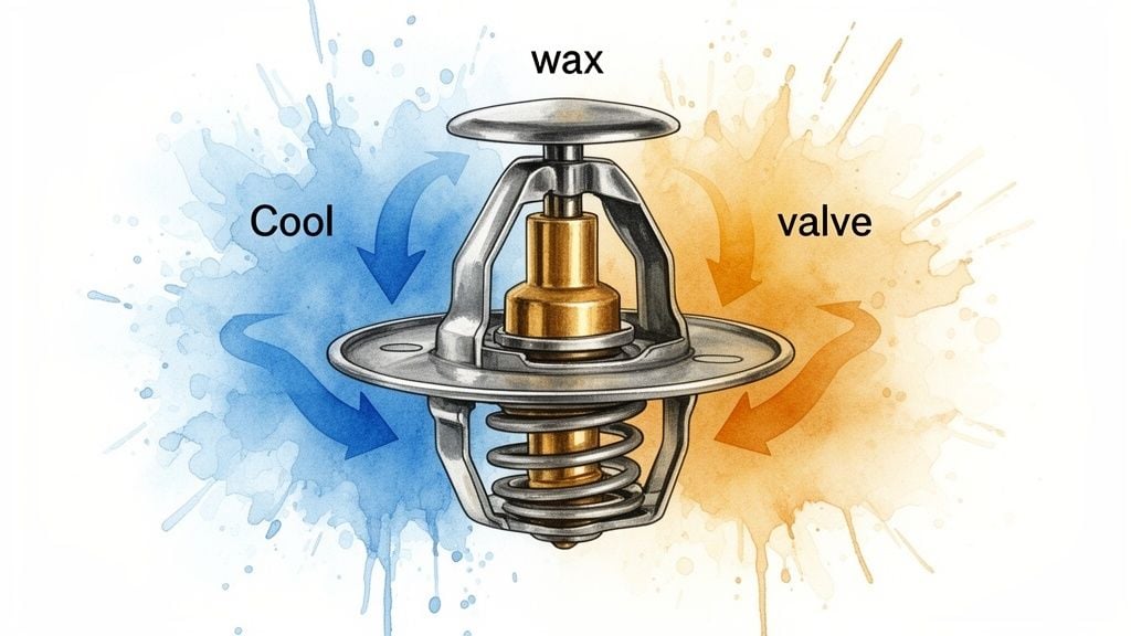 Detailed diagram of a car thermostat showing internal wax and valve components, illustrating cool and warm fluid flow.