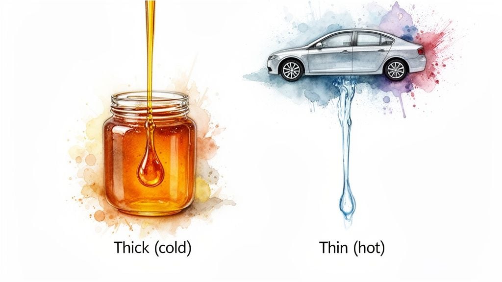 Illustration contrasting thick cold honey pouring into a jar and thin hot fluid leaking from a car.