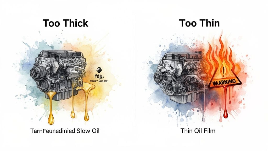 Comparison of engine oil viscosity problems: thick oil dripping slowly vs. thin oil causing engine overheating.