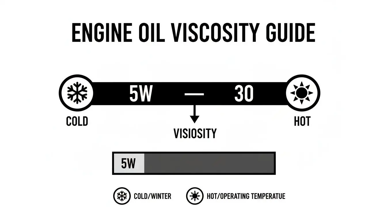 Guide explaining engine oil viscosity, illustrating 5W-30 oil performance in cold and hot temperatures.