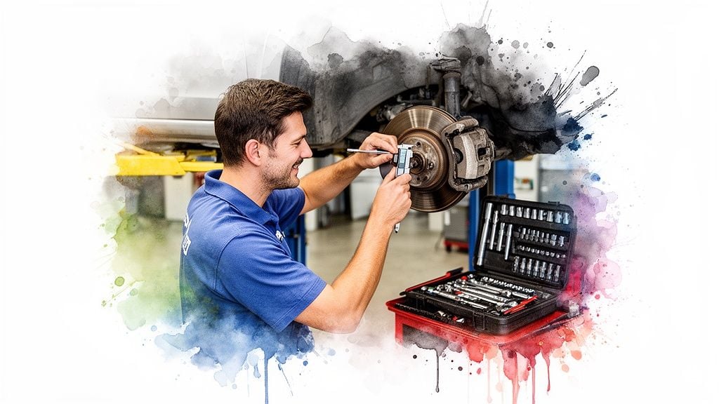 A smiling mechanic measures a car's brake rotor with a digital caliper in a clean workshop.
