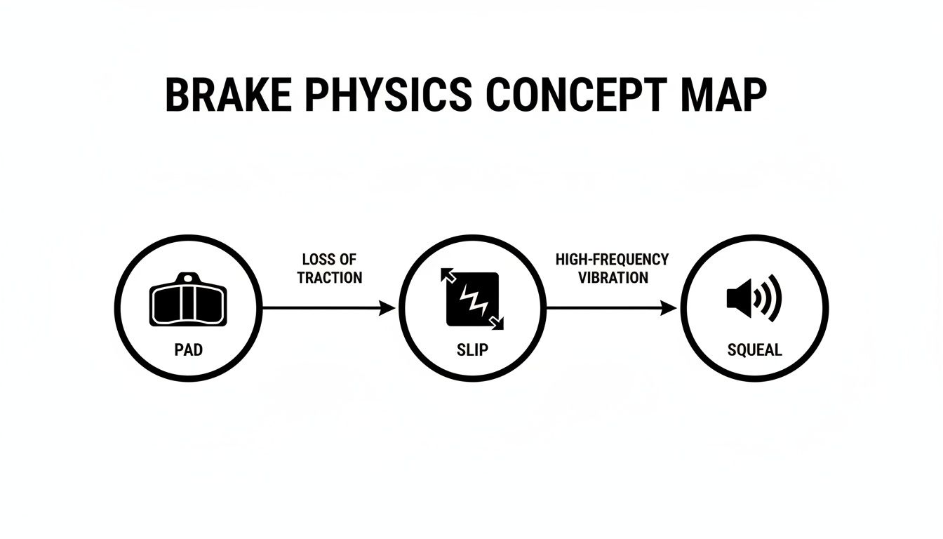 A concept map illustrating brake physics, showing how pad loss of traction leads to slip, vibration, and squeal.