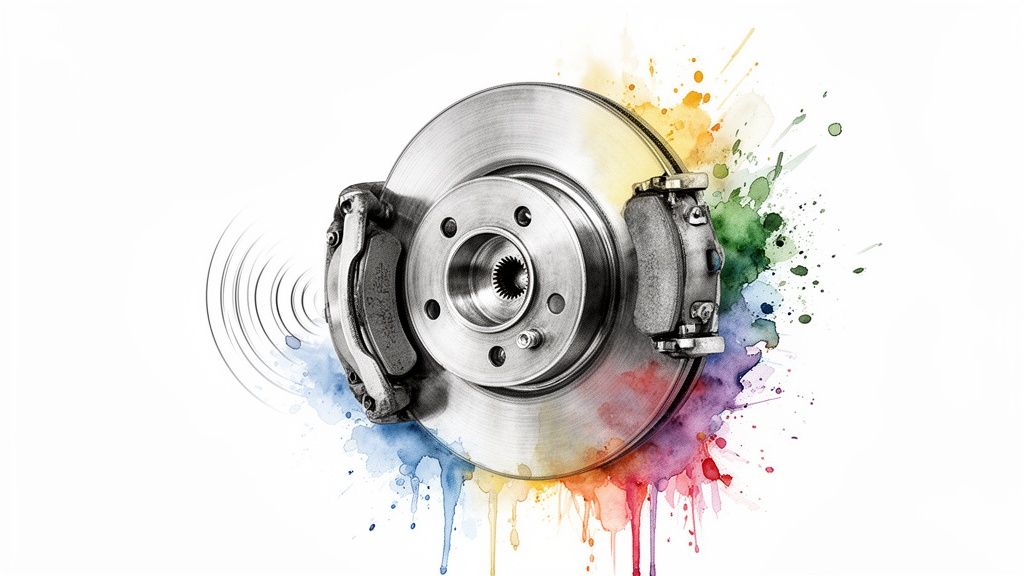 A car brake disc and caliper with colorful watercolor splashes and sound waves.