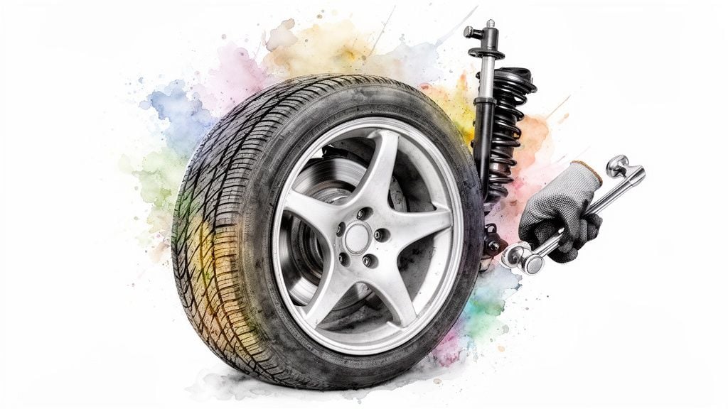 Car tire, wheel, and suspension parts with a mechanic's hand holding a wrench.