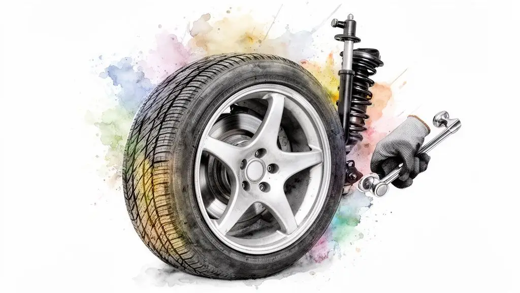 Car tire, wheel, and suspension parts with a mechanic's hand holding a wrench.