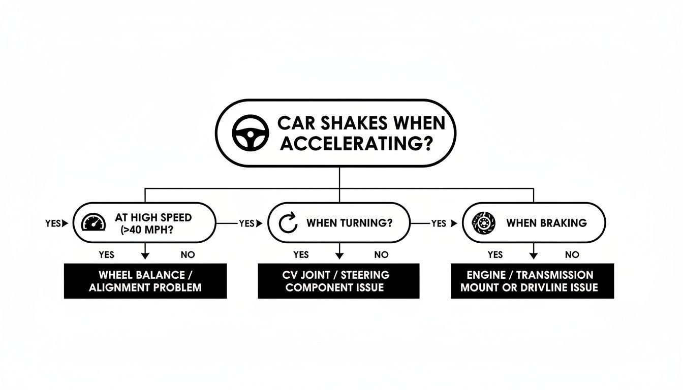 Flowchart diagnosing reasons a car shakes when accelerating, based on speed, turning, or braking.