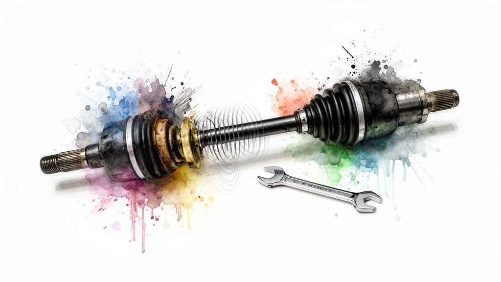 A car CV axle shaft, a wrench, and colorful watercolor splashes on a white background.