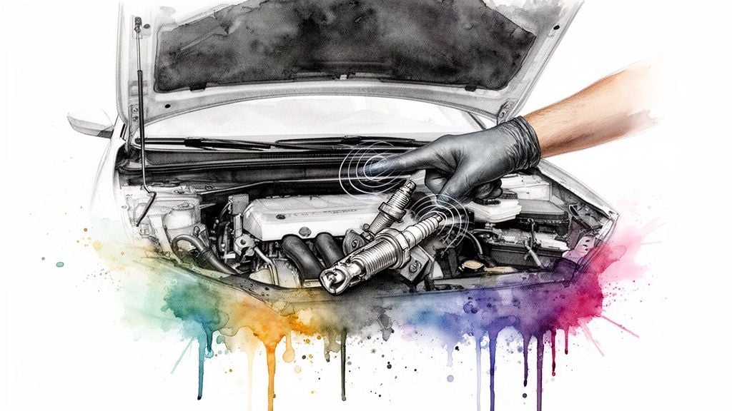 A gloved hand holds spark plugs above a car engine, enhanced with colorful watercolor art.