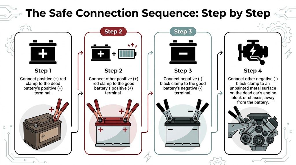 A four-step instructional graphic showing the safe sequence for connecting jumper cables to a car battery.
