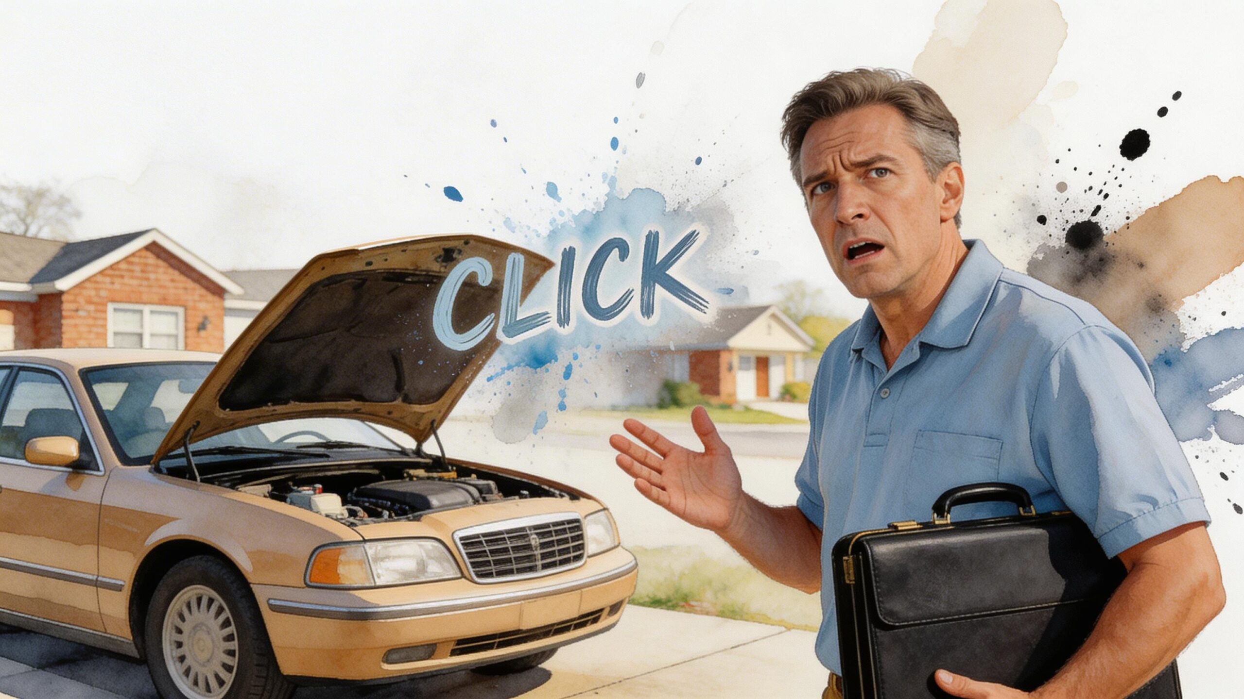 A man in a blue polo shirt holding a briefcase stands frustrated by his car with the hood open.