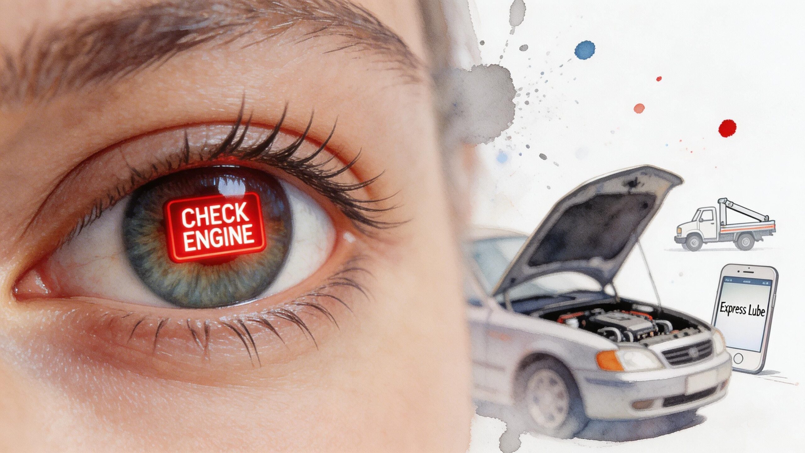 A close-up of an eye reflecting a check engine light symbol next to a car with an open hood.