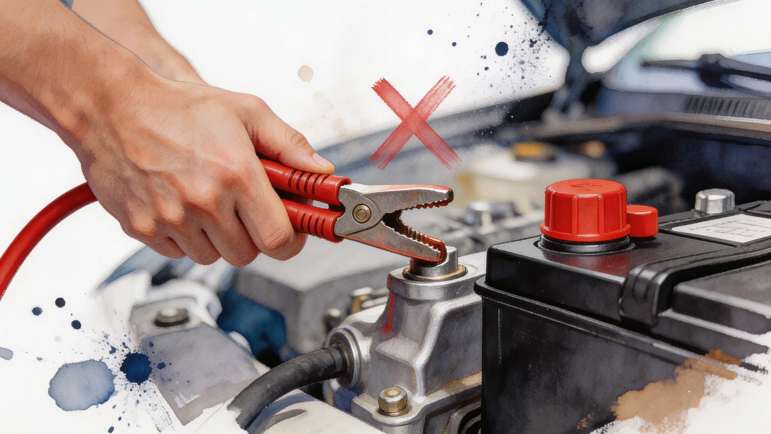 A hand holding a red jumper cable clamp incorrectly over a car engine component with a warning symbol.