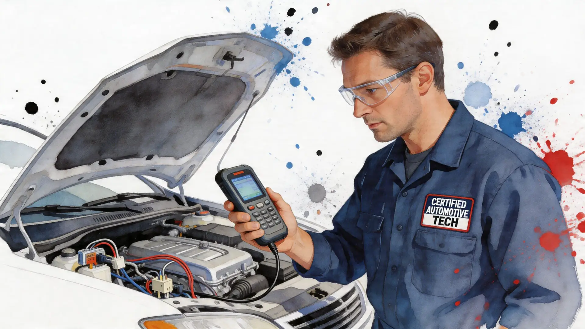 A certified automotive technician uses a diagnostic scanner to repair the electrical system of a car engine.