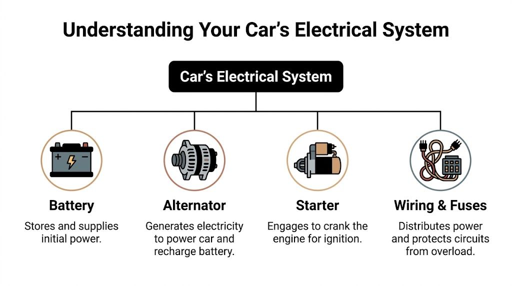 A diagram illustrating the four main components of a car's electrical system: battery, alternator, starter, and wiring.