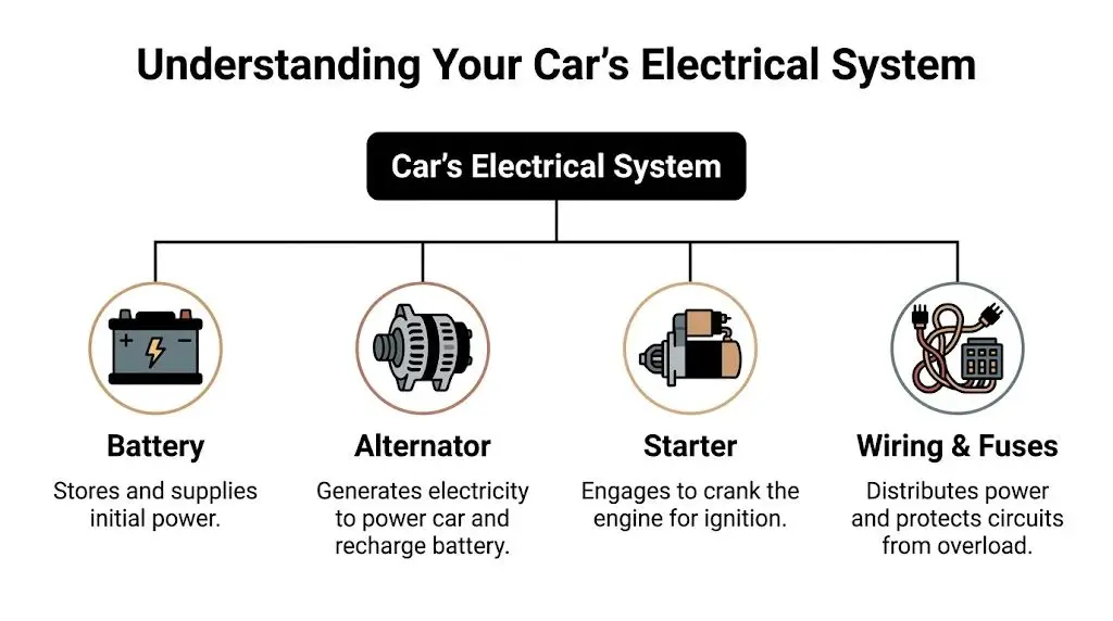 A diagram illustrating the four main components of a car's electrical system: battery, alternator, starter, and wiring.
