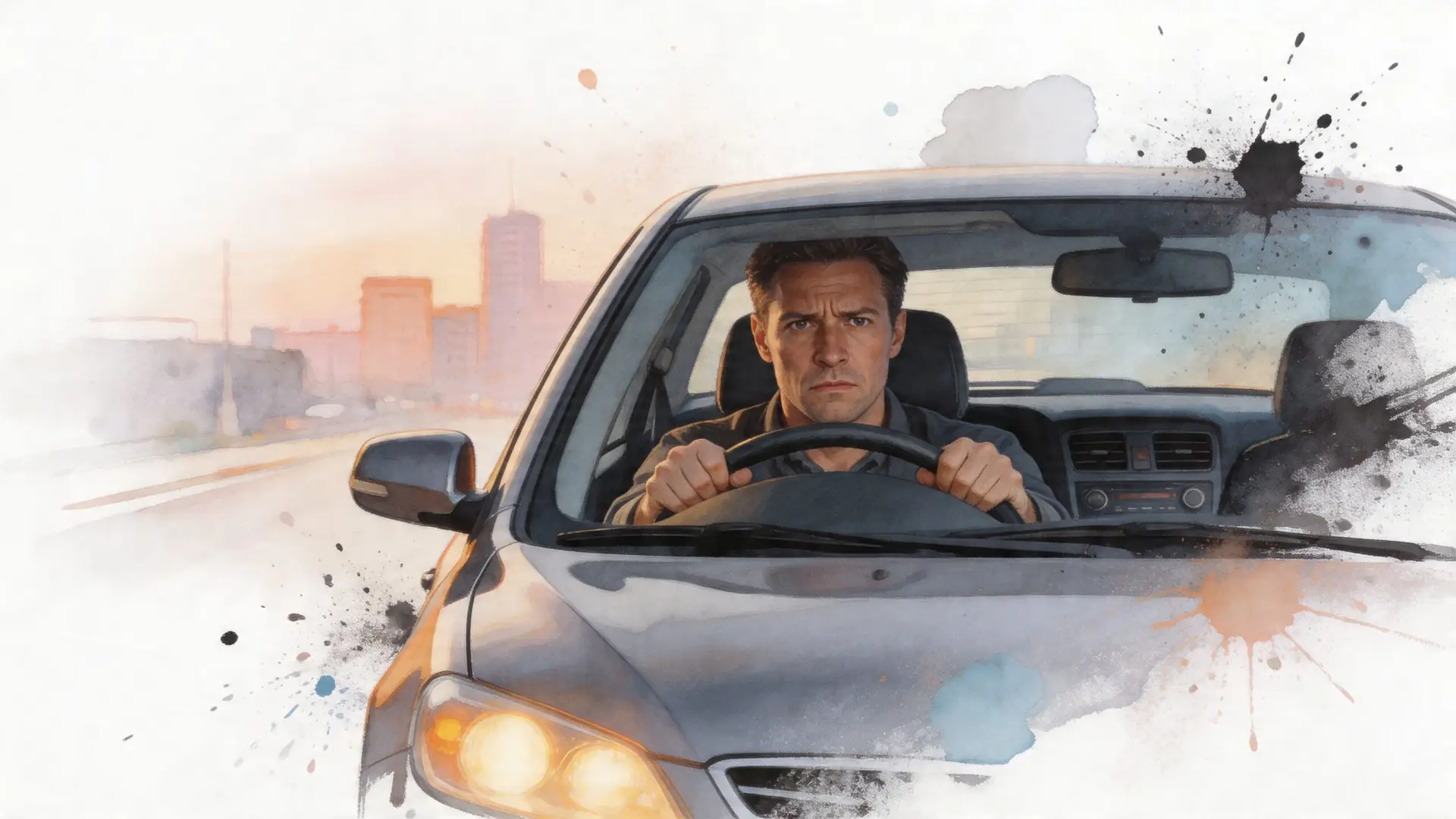 A focused man driving a car along a city road at sunset in a stylized watercolor illustration.