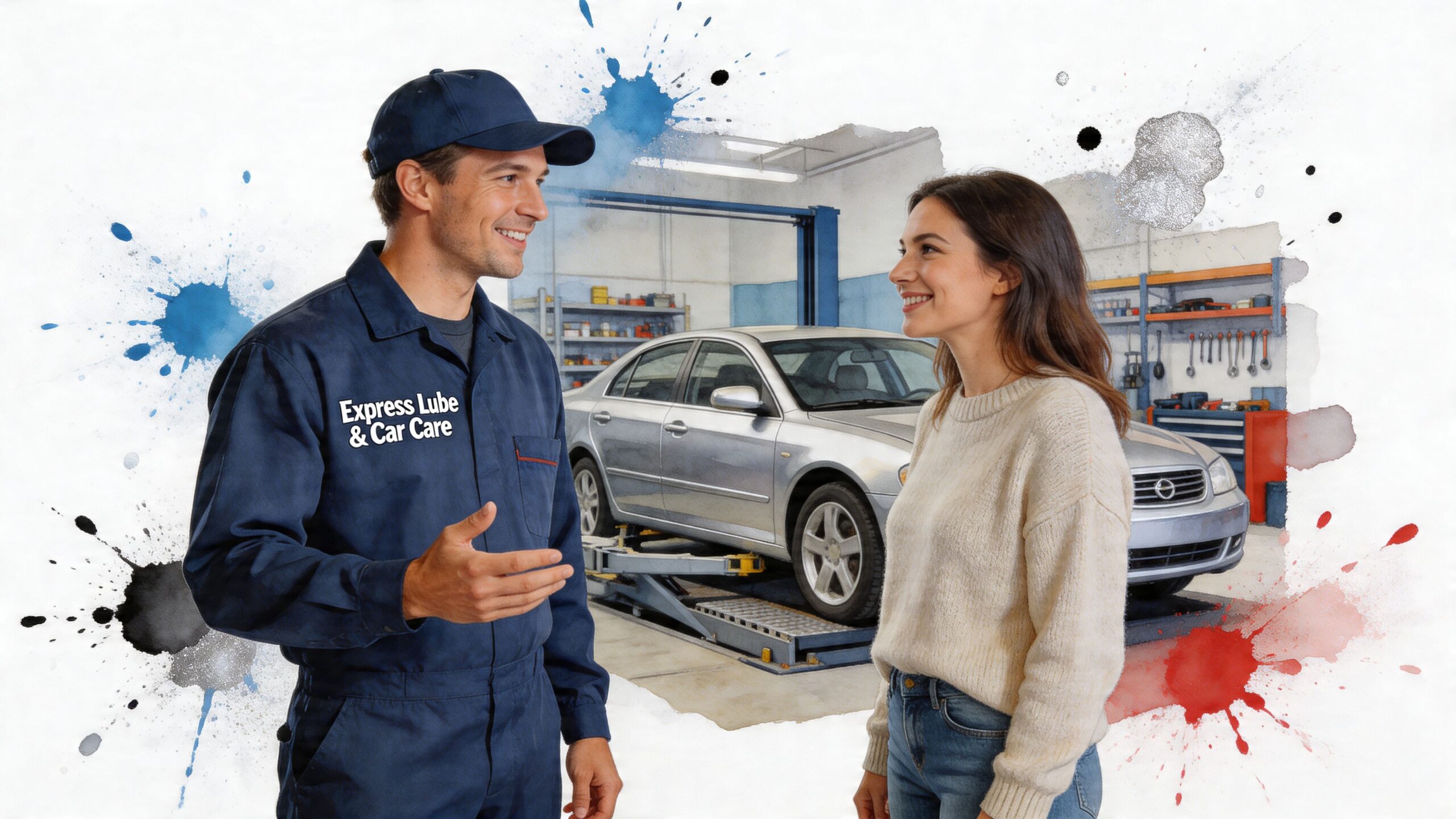 A friendly mechanic talking to a customer in an auto repair shop with a car on a lift.