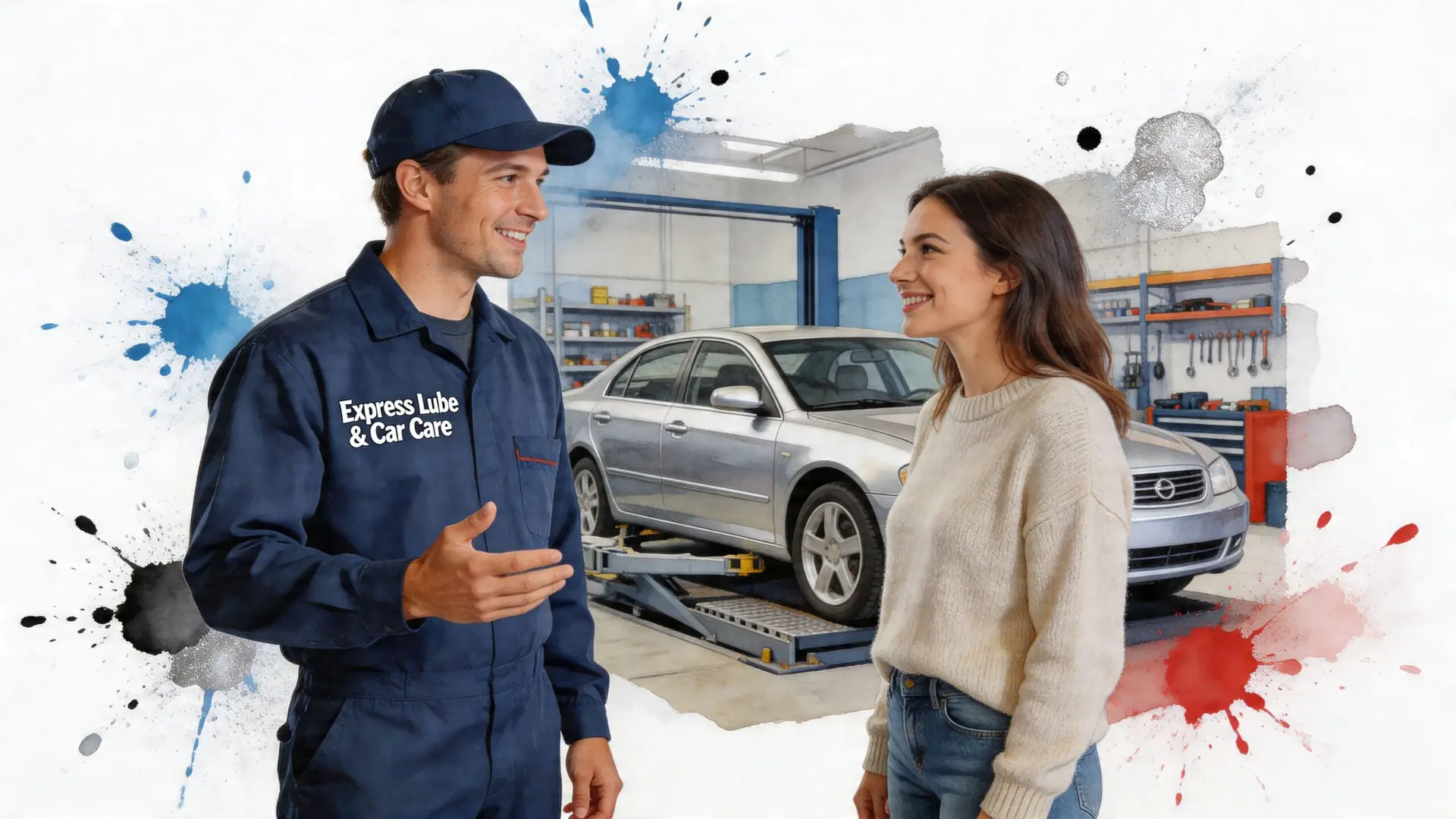 A friendly mechanic talking to a customer in an auto repair shop with a car on a lift.