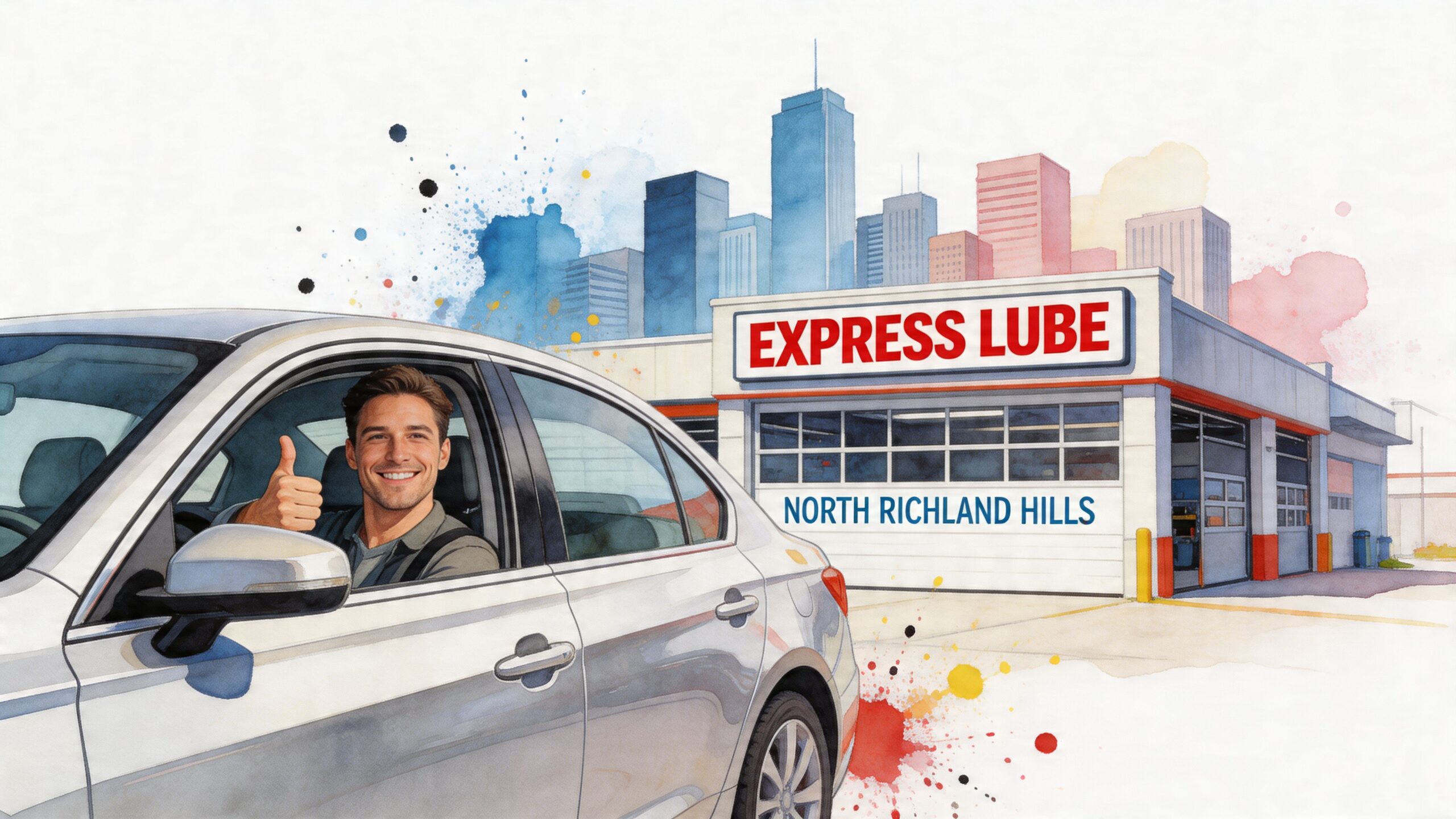 A smiling man giving a thumbs up from inside his car at Express Lube in North Richland Hills.