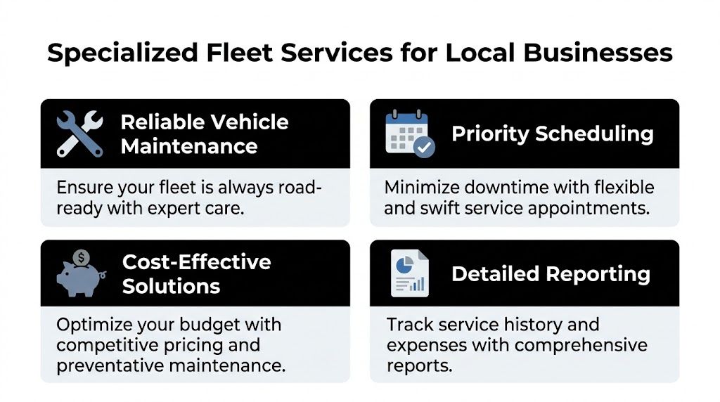 A graphic highlighting specialized fleet maintenance and repair services designed specifically for local business vehicle fleets.