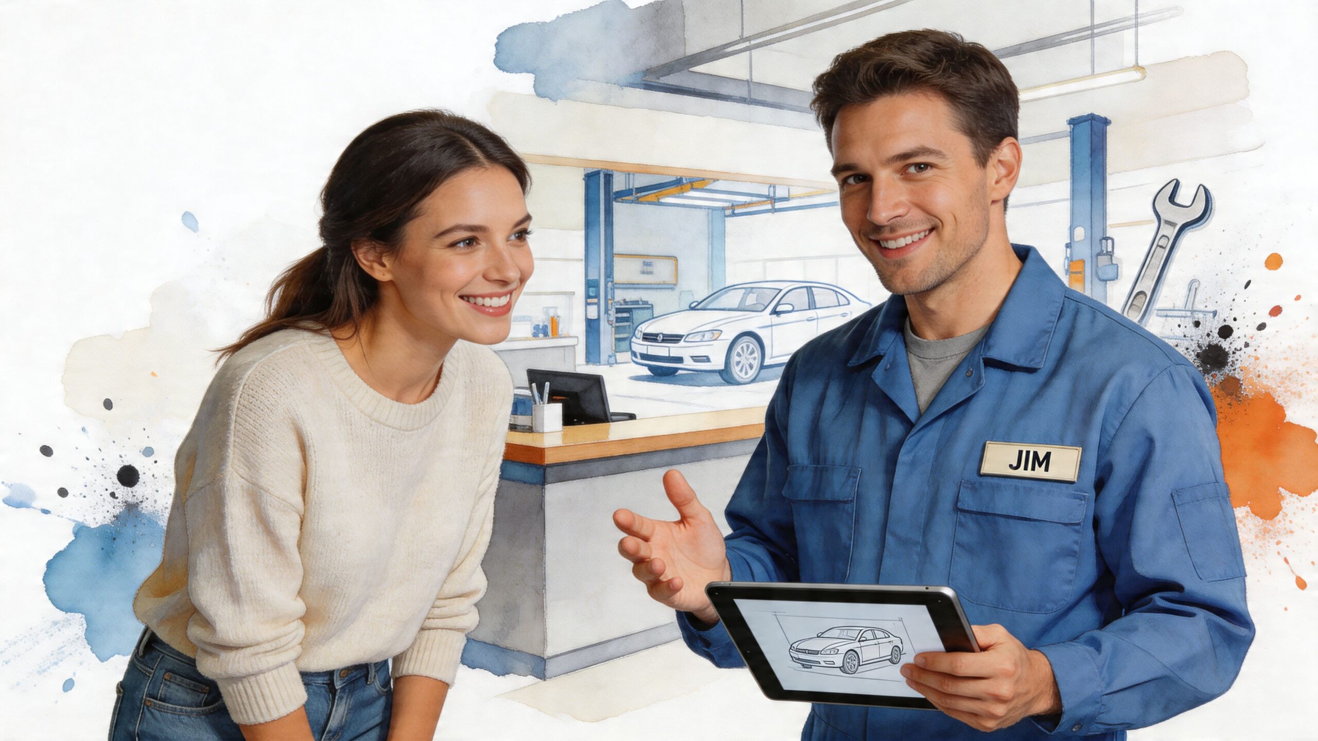 A friendly mechanic named Jim explains car repairs using a tablet to a smiling female customer.