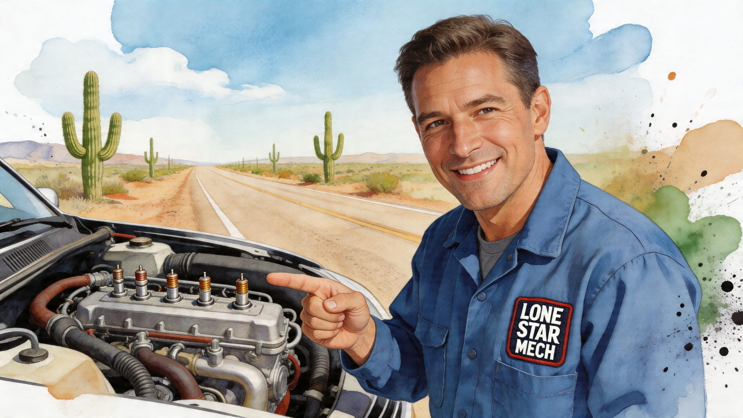 A smiling mechanic in a Lone Star Mech shirt pointing at an open car engine in the desert.