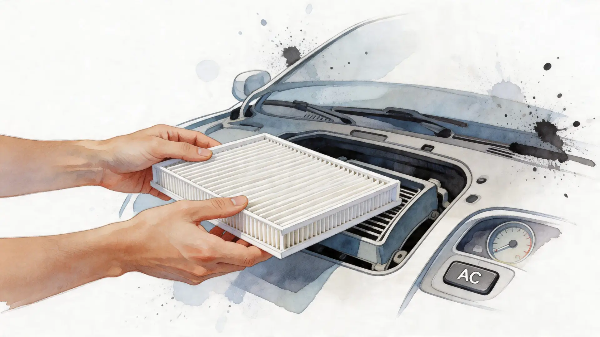 A person replacing the car cabin air filter to improve the vehicle's automotive HVAC system performance.