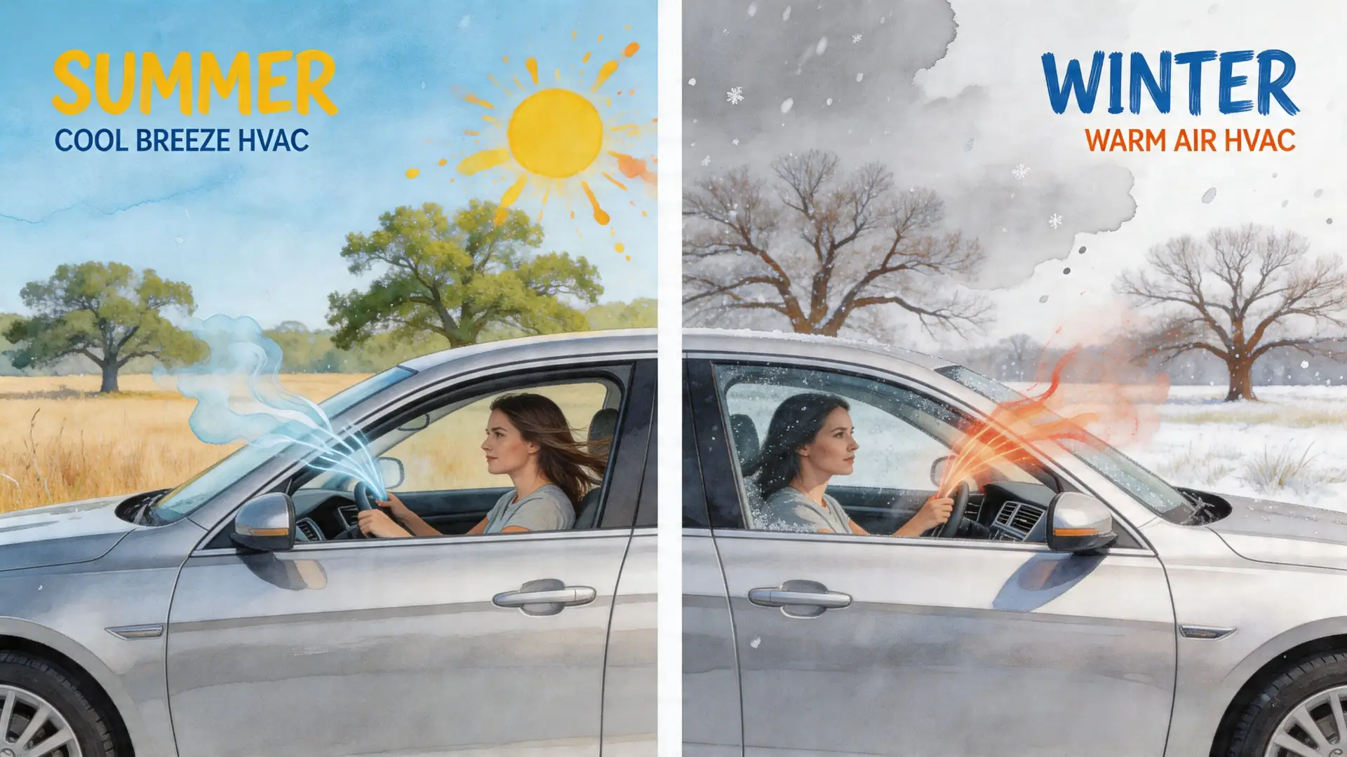 Split screen image showing a woman driving in summer with cooling airflow and winter with heating airflow.
