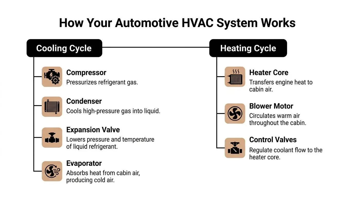 A diagram explaining the components and functions of an automotive HVAC system including cooling and heating cycles.
