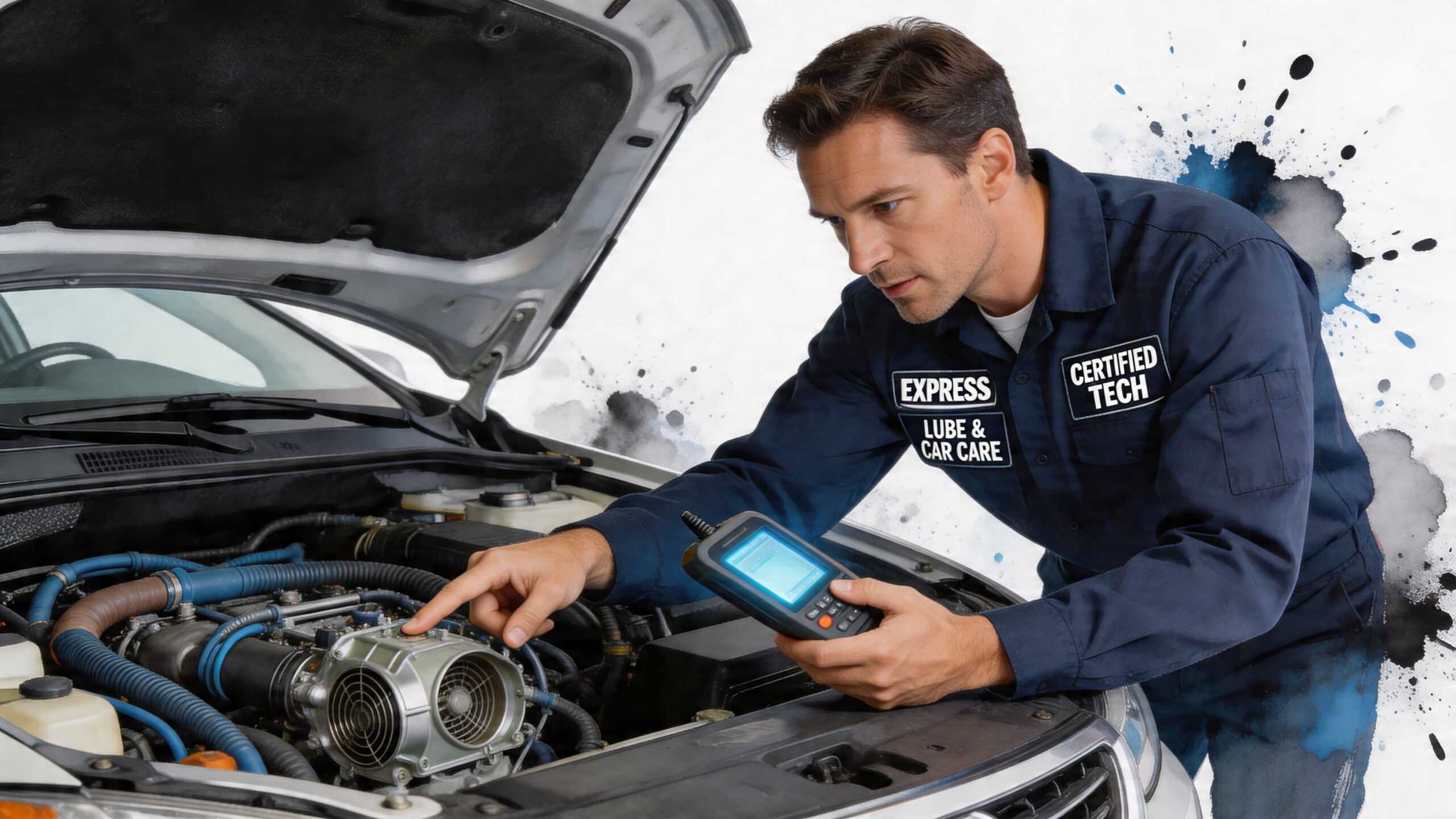 A professional mechanic in a blue uniform inspecting an automotive HVAC system under the hood of a car.