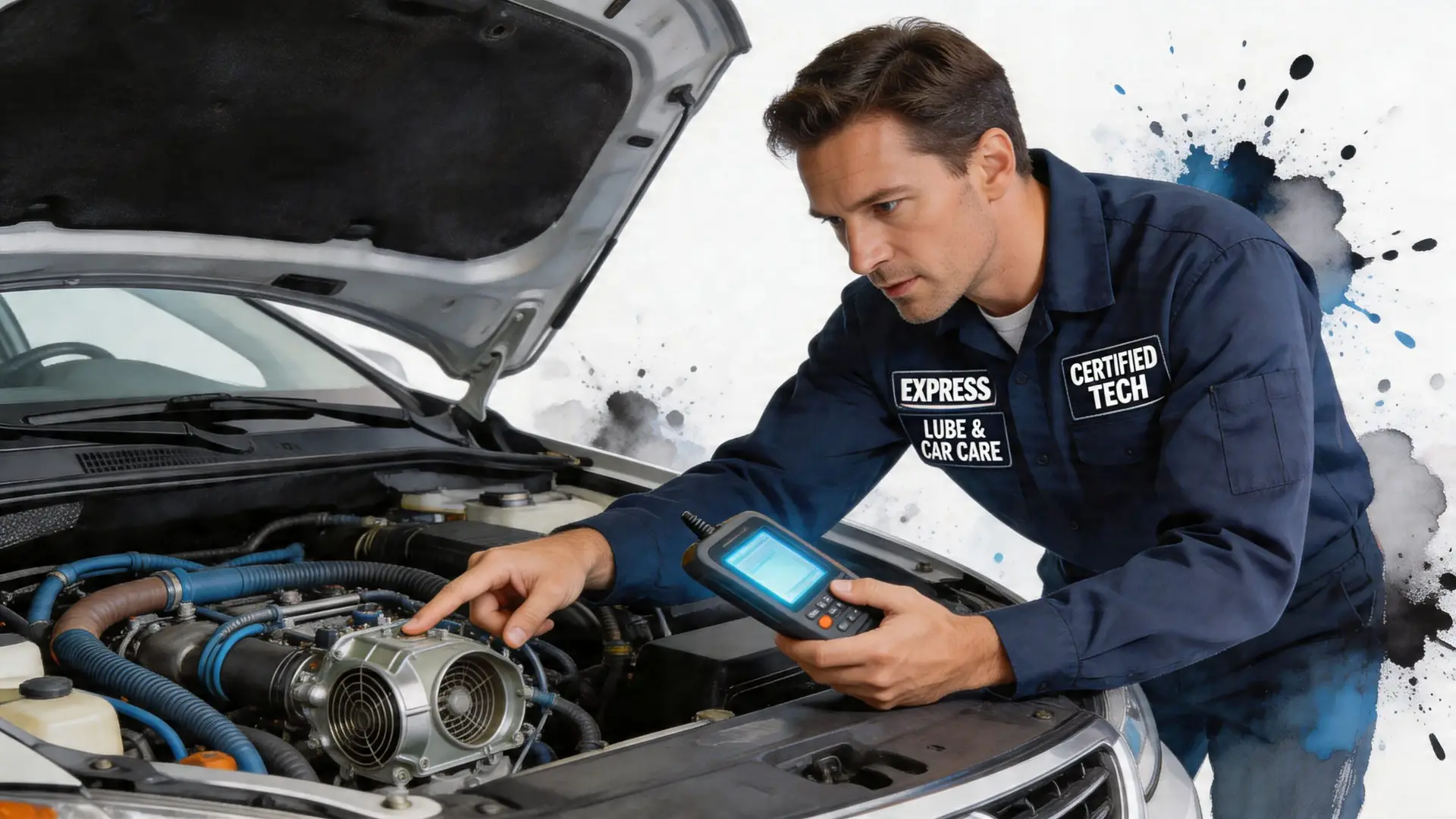 A professional mechanic in a blue uniform inspecting an automotive HVAC system under the hood of a car.