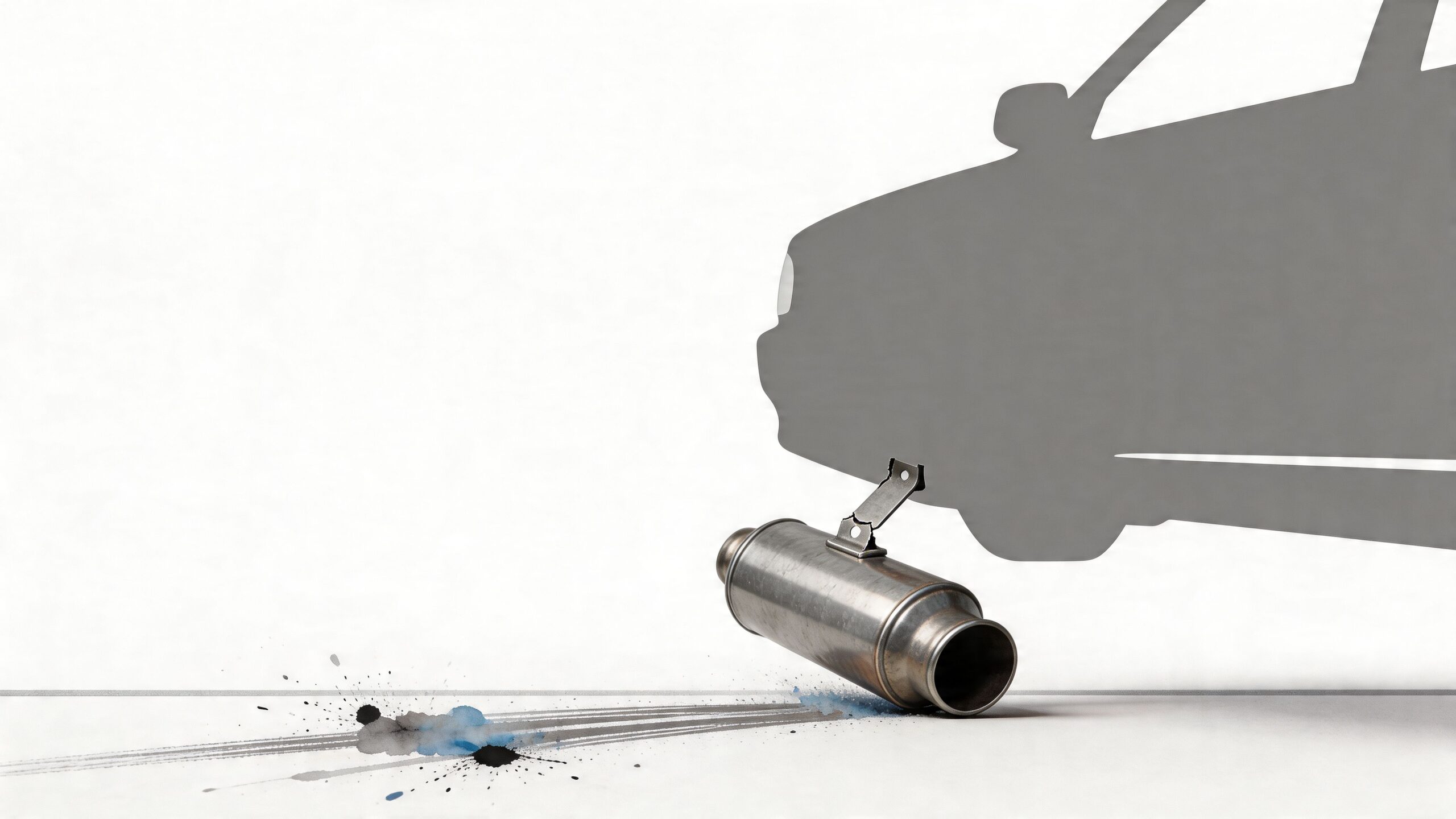 A car silhouette with a damaged, leaking metallic muffler dragging along the ground creating dark stains.