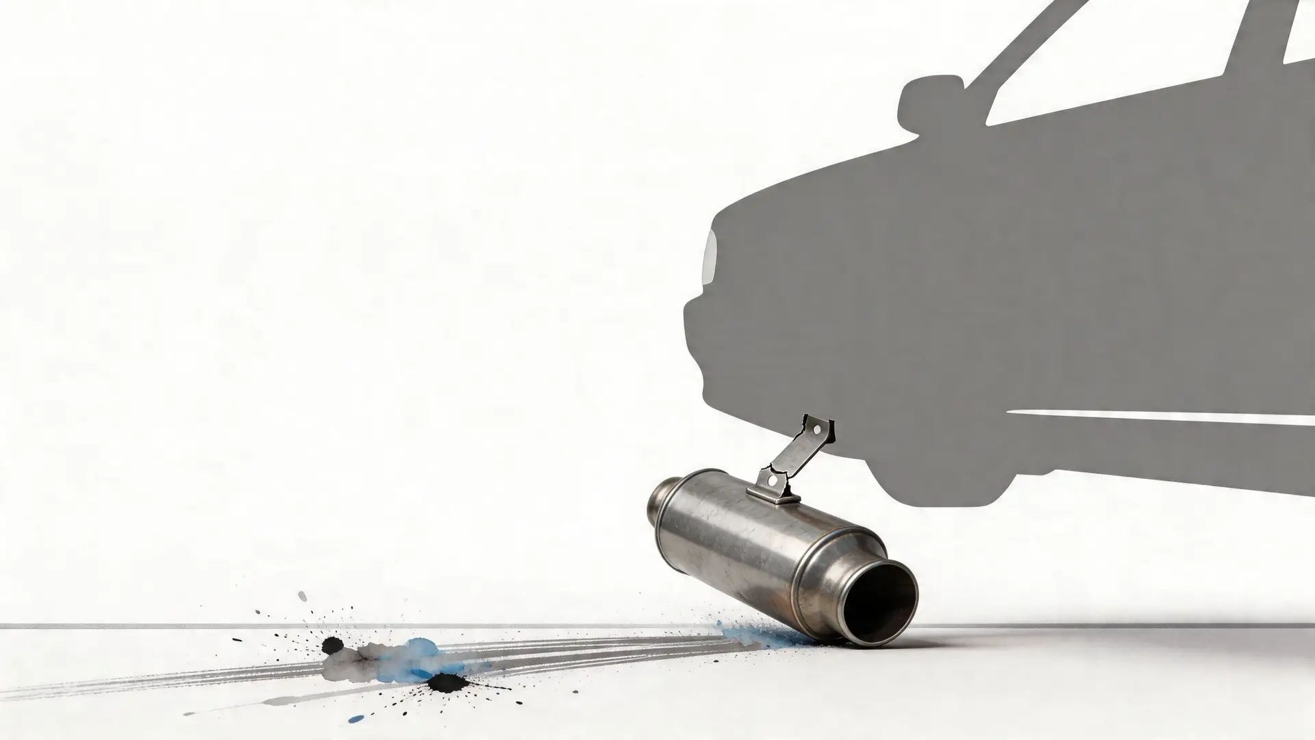 A car silhouette with a damaged, leaking metallic muffler dragging along the ground creating dark stains.