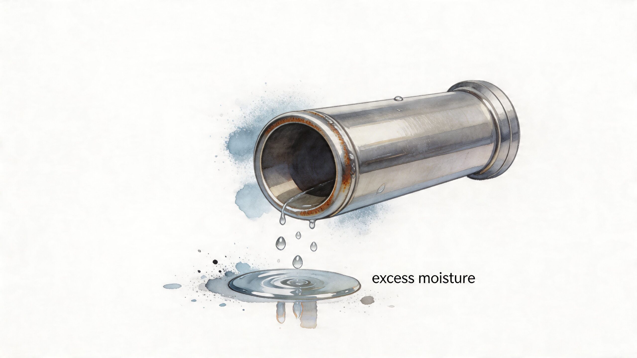 A metallic pipe leaking water droplets onto a puddle, illustrating the concept of excess moisture in exhaust systems.