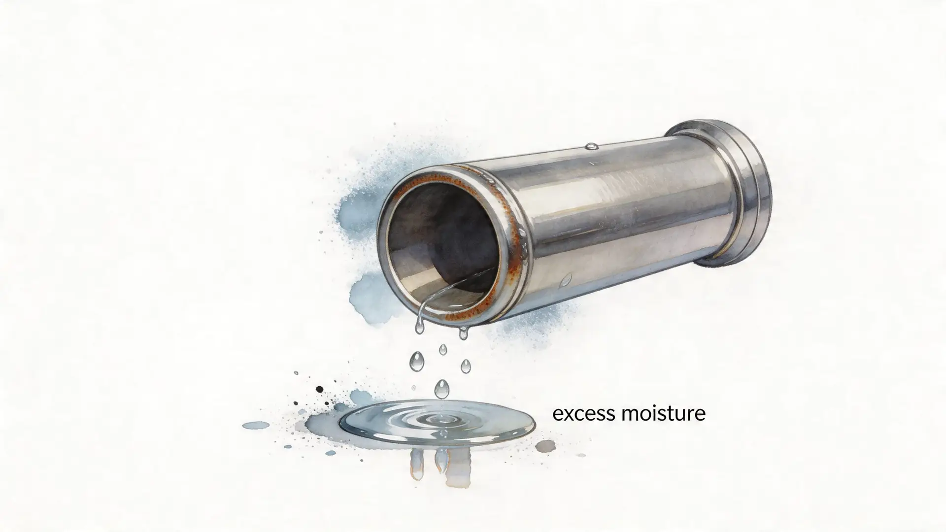 A metallic pipe leaking water droplets onto a puddle, illustrating the concept of excess moisture in exhaust systems.
