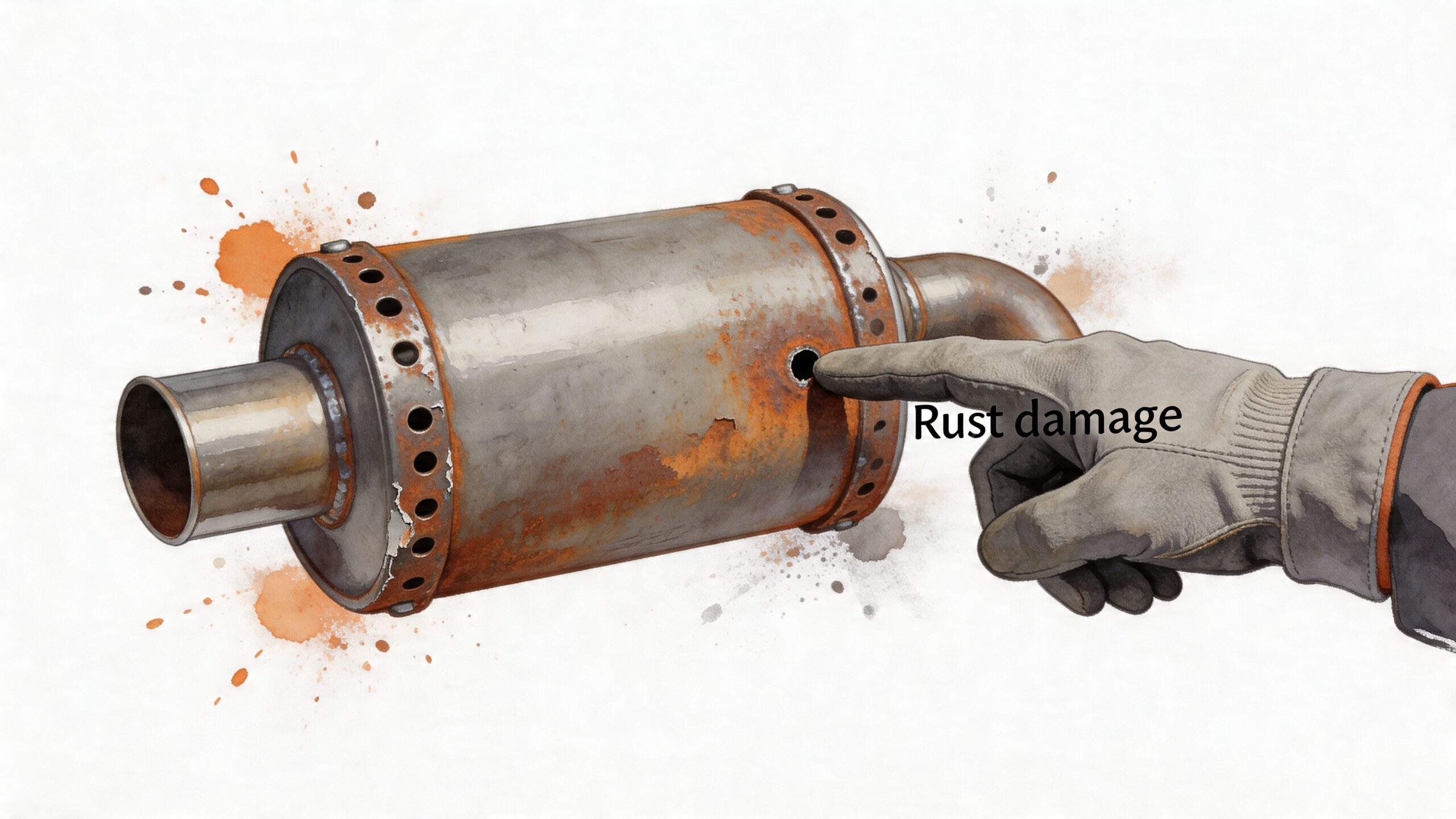 A hand in a work glove pointing at a rusty hole in a car muffler exhaust part.