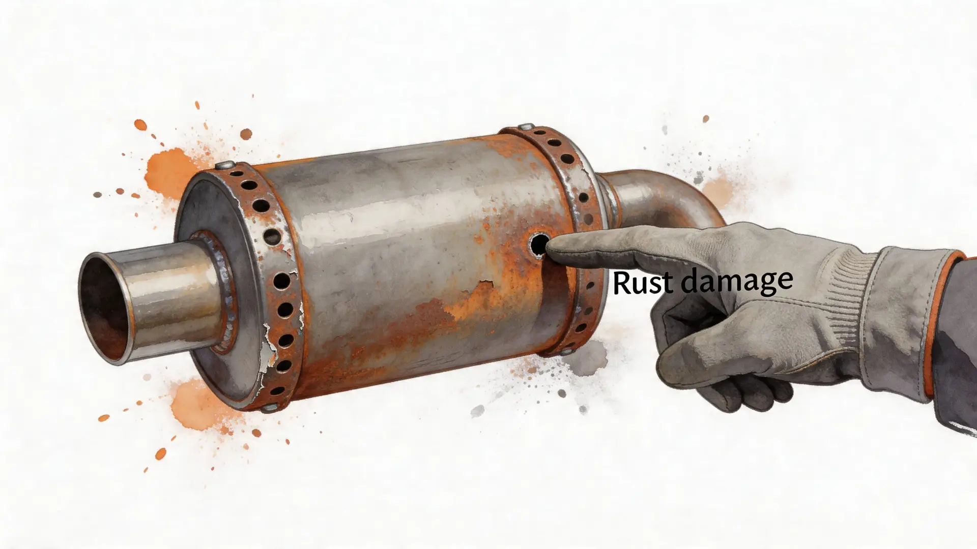 A hand in a work glove pointing at a rusty hole in a car muffler exhaust part.