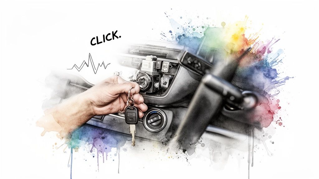 A hand inserts car keys into the ignition, highlighted with a colorful watercolor effect and 'CLICK.' text.