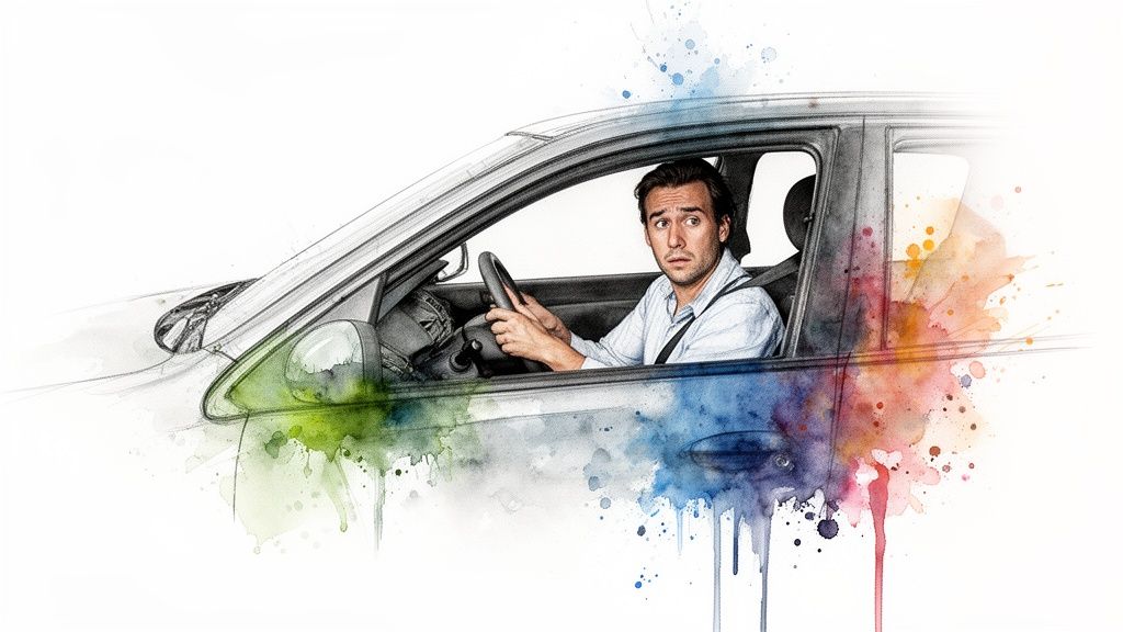 Sketch of a surprised man driving a car with vibrant watercolor effects.