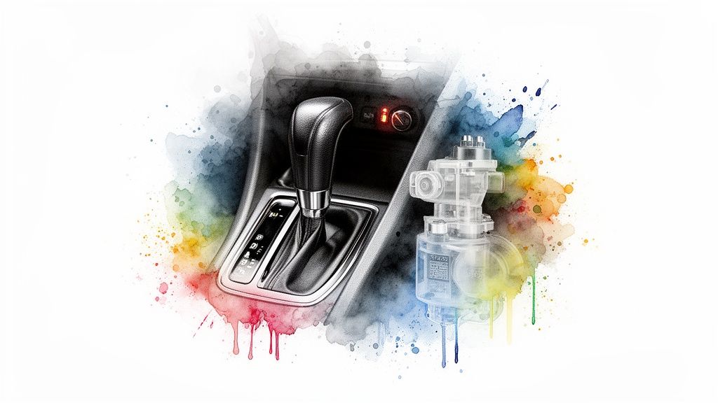 Car interior with automatic gear shifter and transparent solenoid valve amidst colorful watercolor splashes.