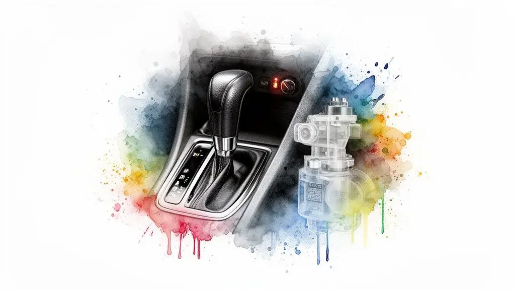 Car interior with automatic gear shifter and transparent solenoid valve amidst colorful watercolor splashes.