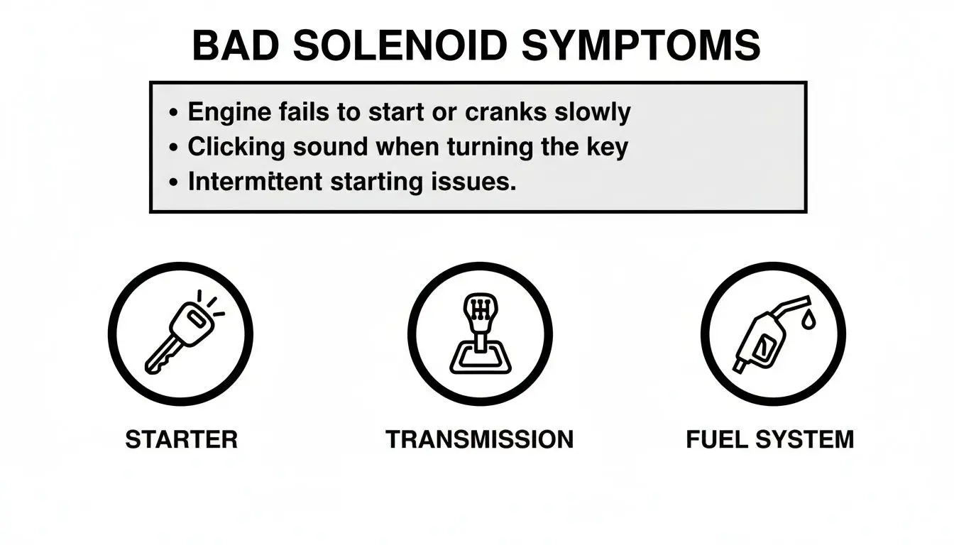 Diagram showing bad solenoid symptoms like engine not starting, clicking, and intermittent issues.