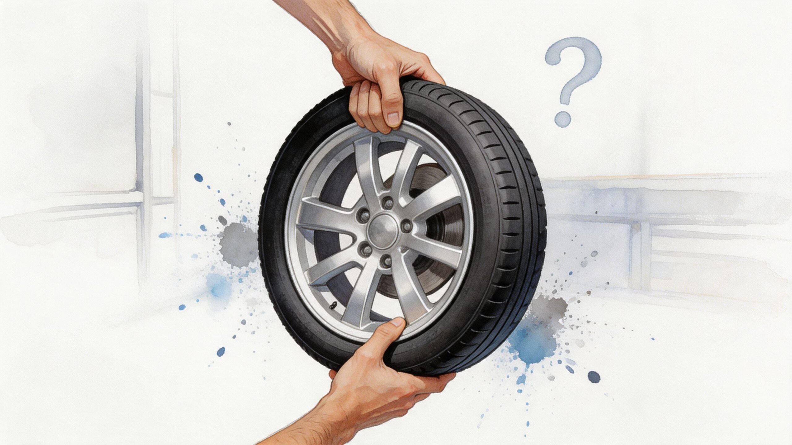 A person holding a car tire and wheel assembly with a question mark illustrating mechanical concerns.