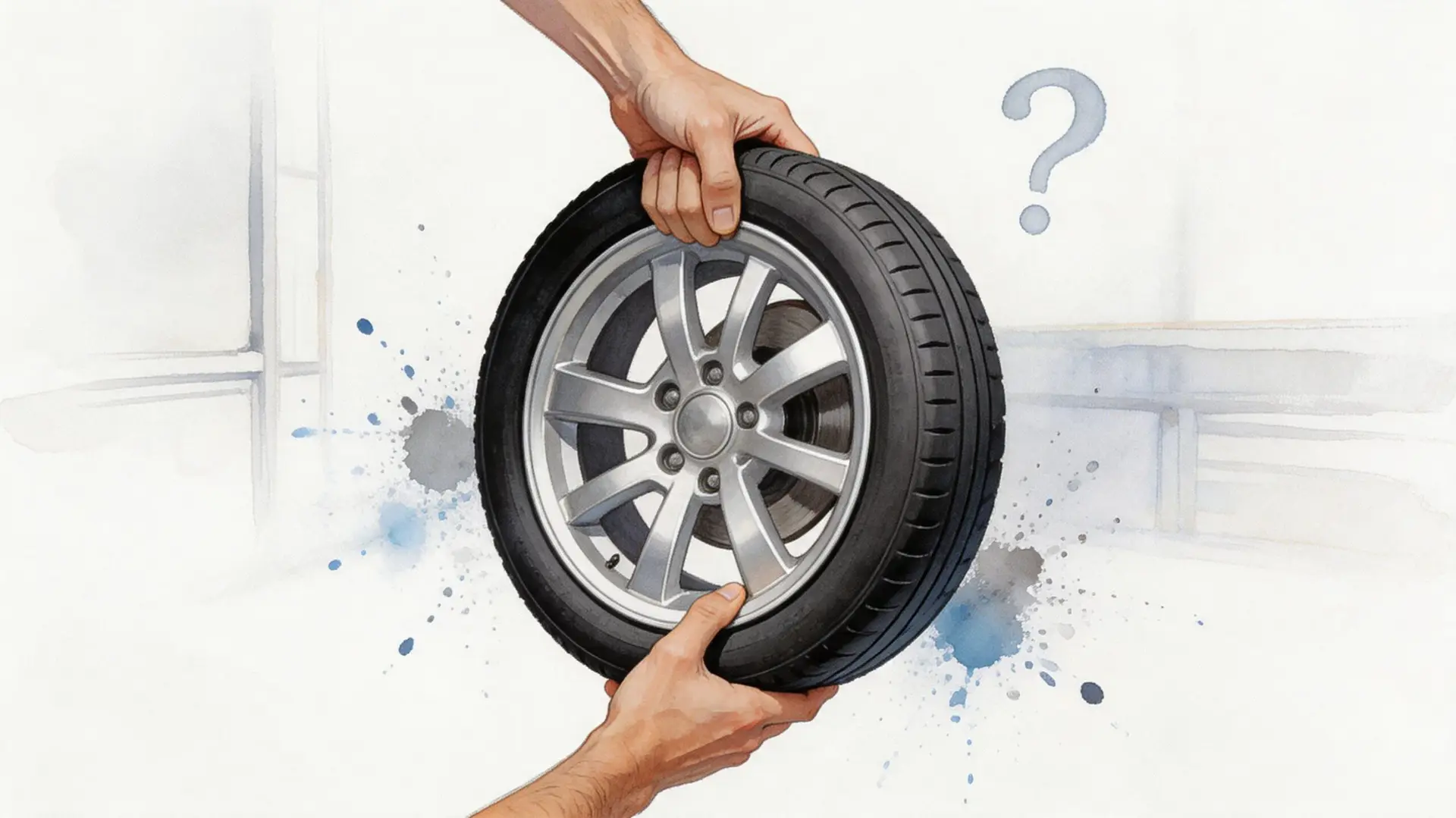 A person holding a car tire and wheel assembly with a question mark illustrating mechanical concerns.