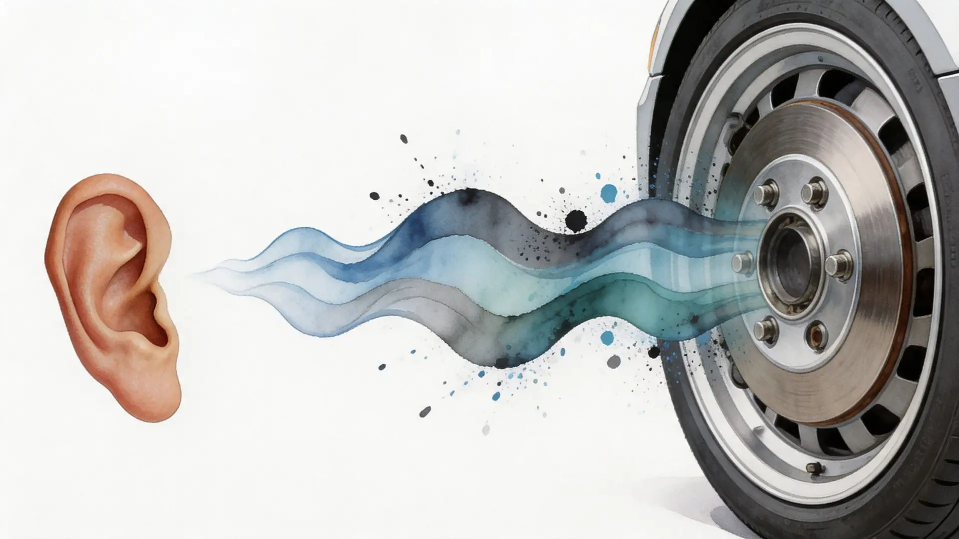 A conceptual illustration of a human ear listening to noise coming from a car wheel bearing.